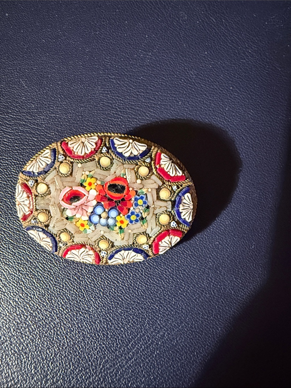 Vintage Italian Micro Mosaic Oval Floral Brooch - Multicolor
